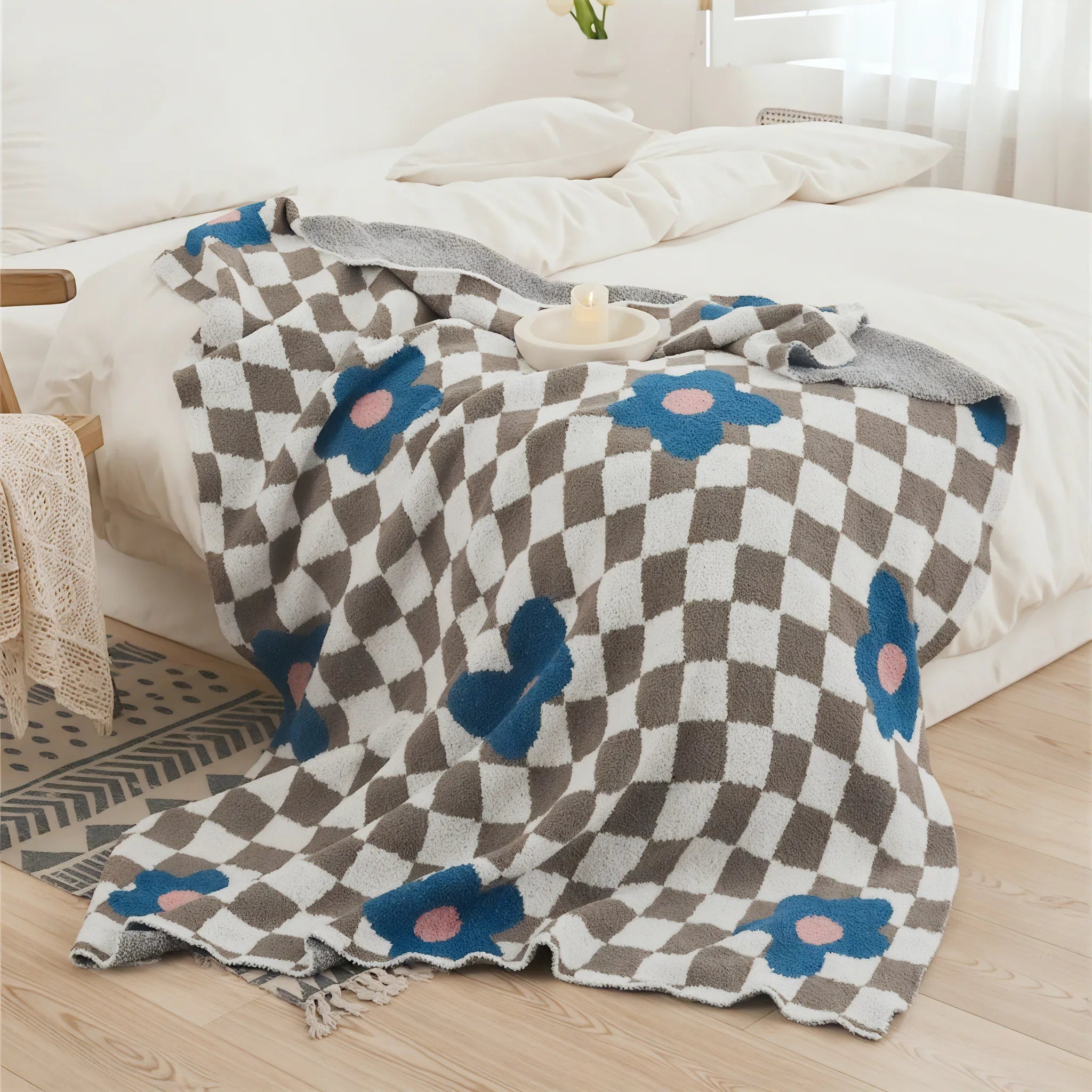 Bloom & Checkerboard Throw Aescraft Blue 130*160cm