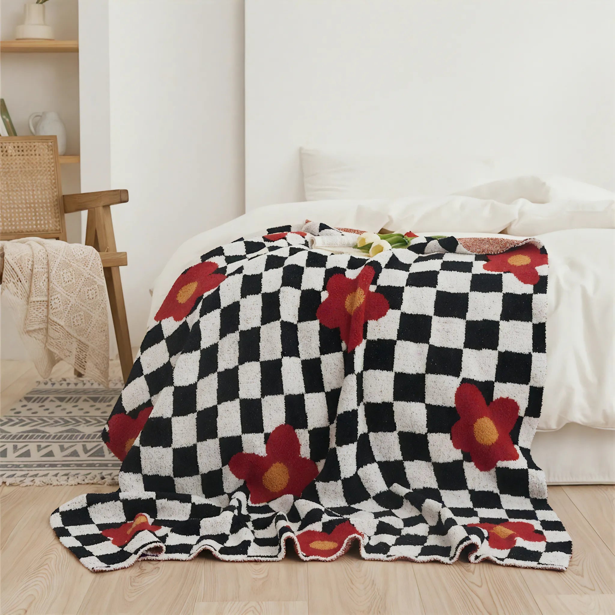 Bloom & Checkerboard Throw Aescraft Red 130*160cm