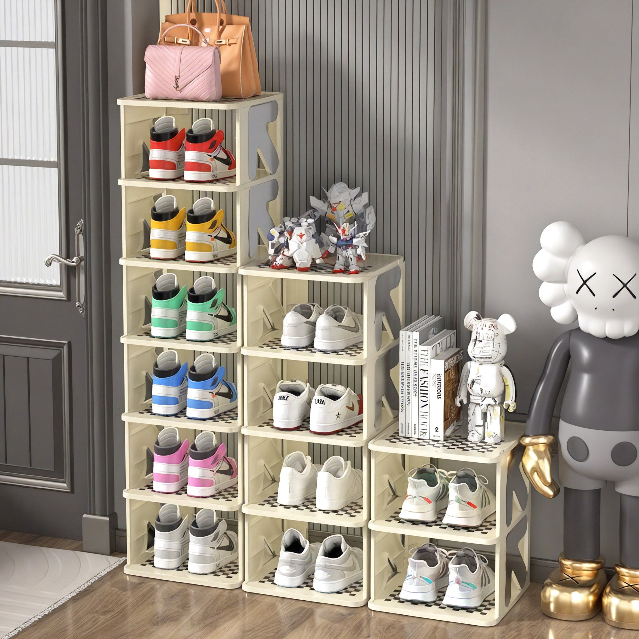 Checkered Charm: Sleek Stackable Shoe Organizer Aescraft