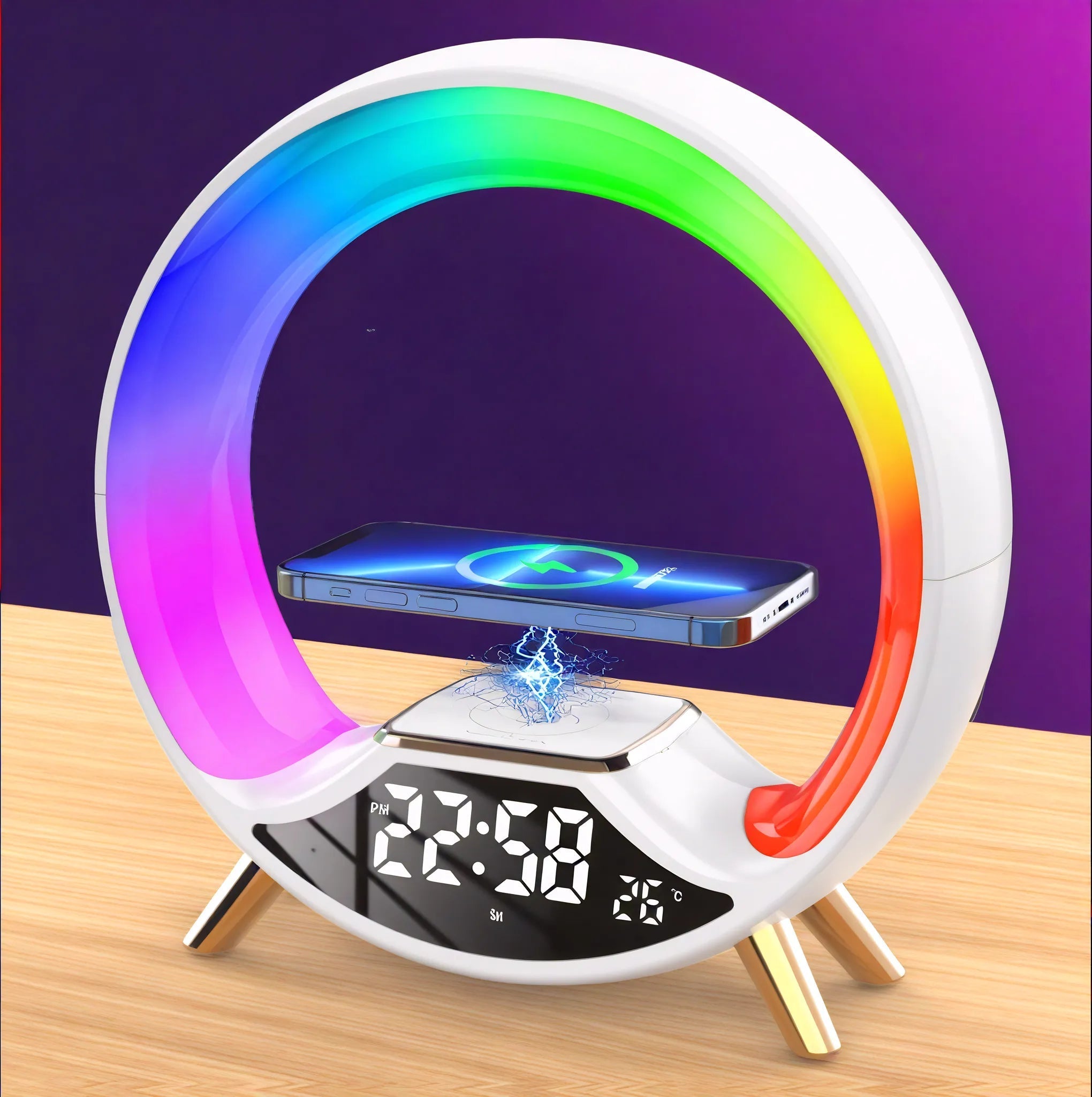 O-Shape LED Alarm Clock w/ Bluetooth Speaker & Wireless Charger  Aescraft