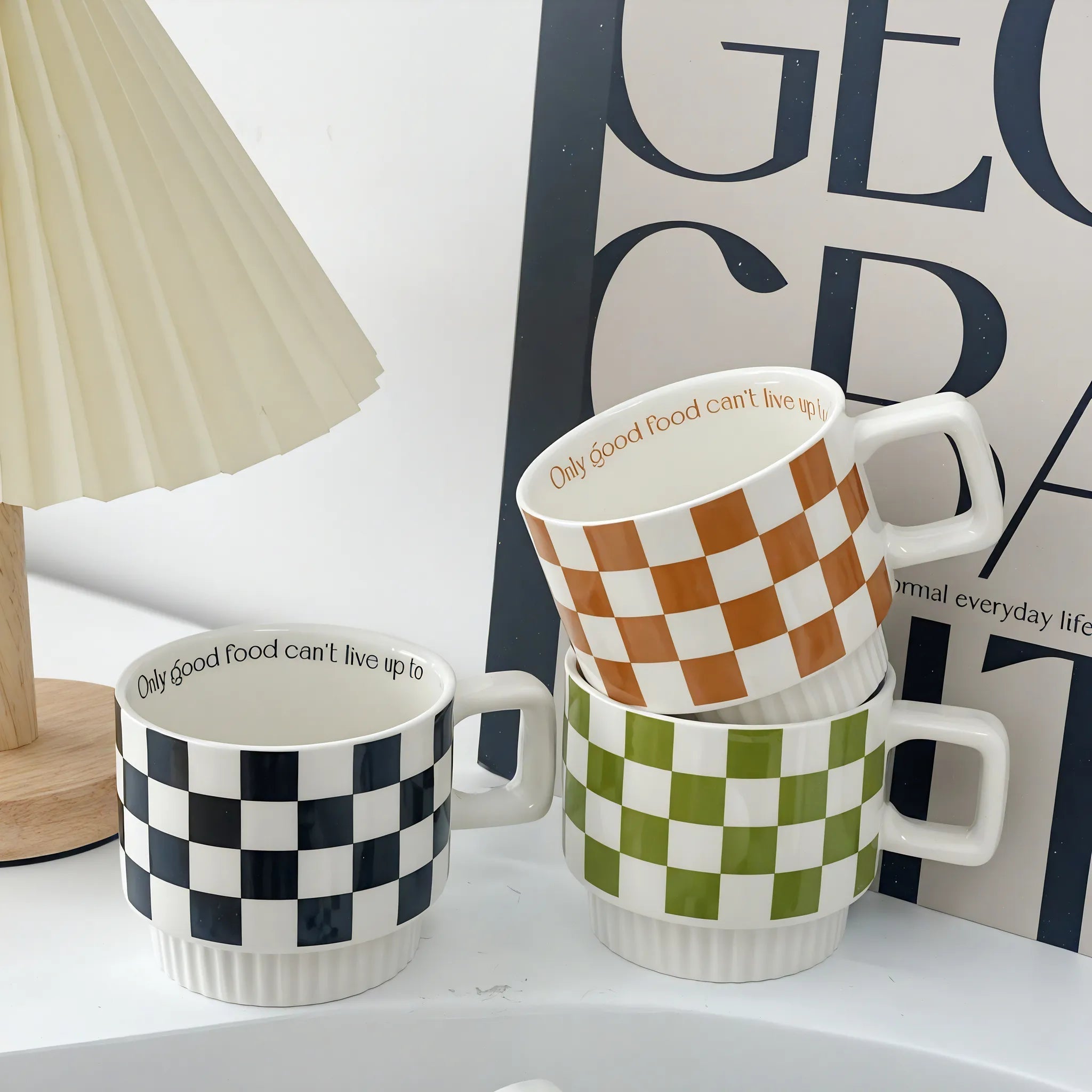 Retro Checker & Wavy Ceramic Mug Set customized Aescraft Checkered Set