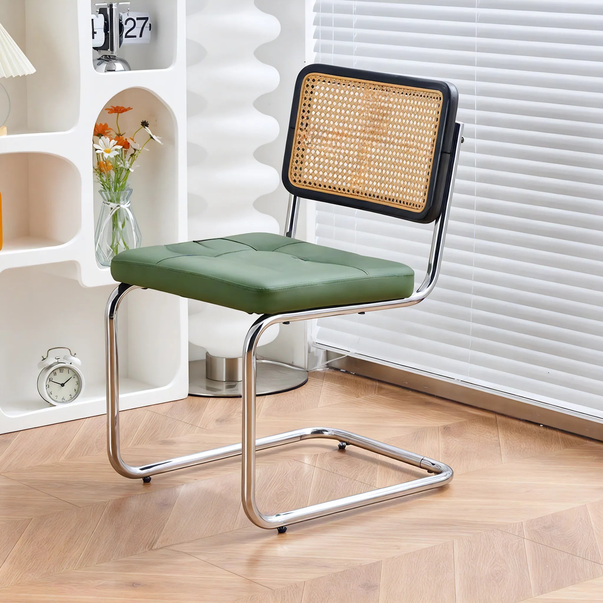 Vintage Nordic Rattan Dining Chair  Aescraft Black Back Rest+Olive Cushion