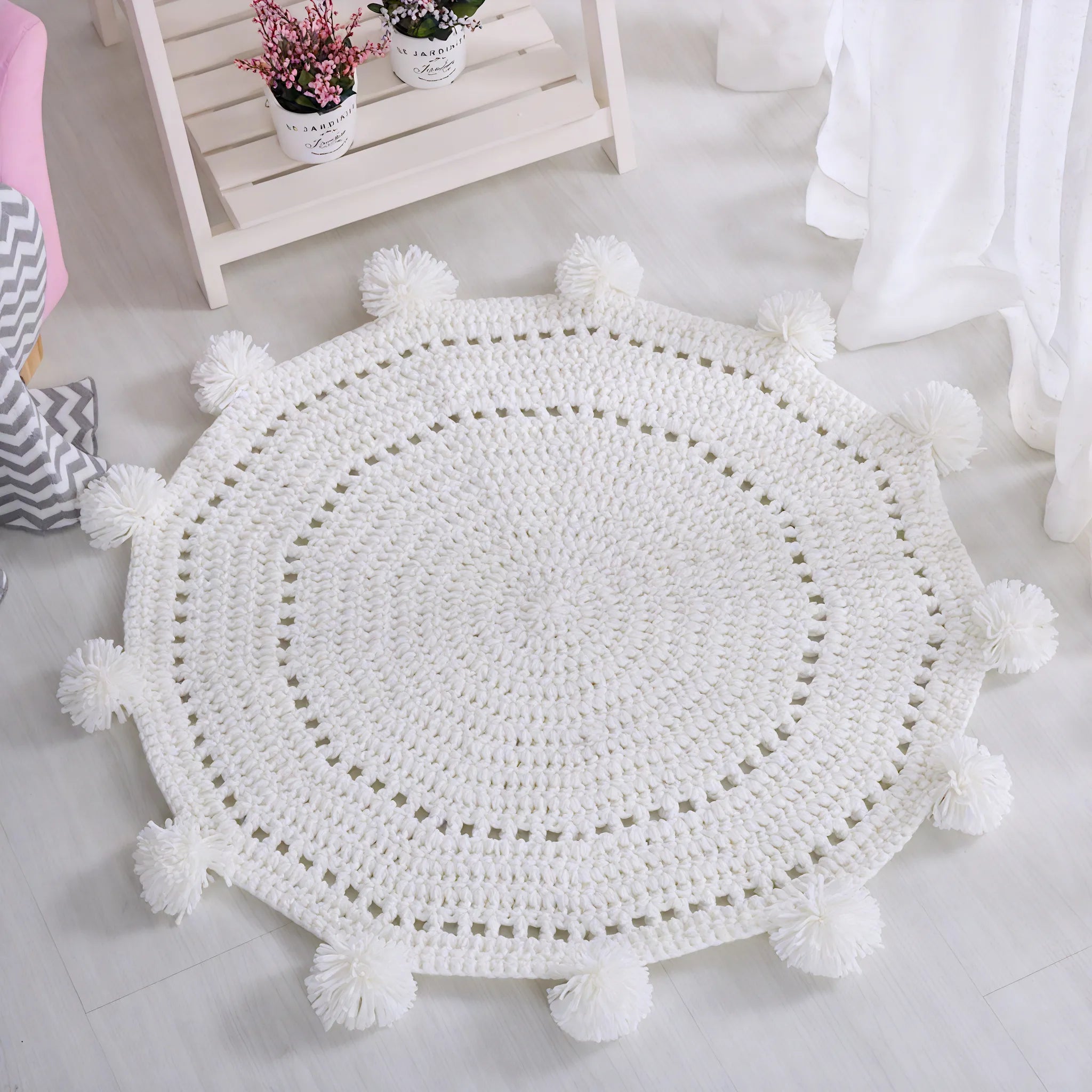 Whimsy Round Pom Pom Rug Aescraft White