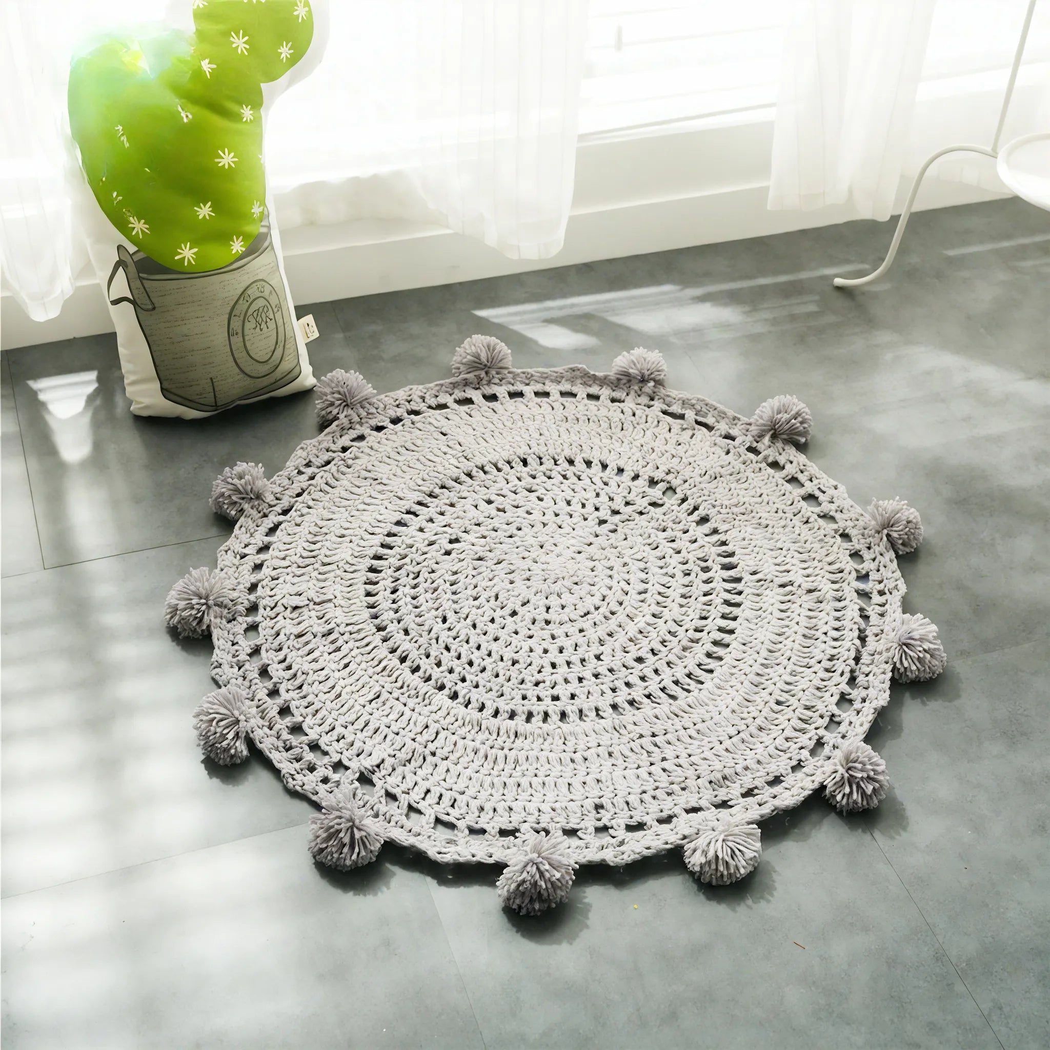 Whimsy Round Pom Pom Rug Aescraft Gray