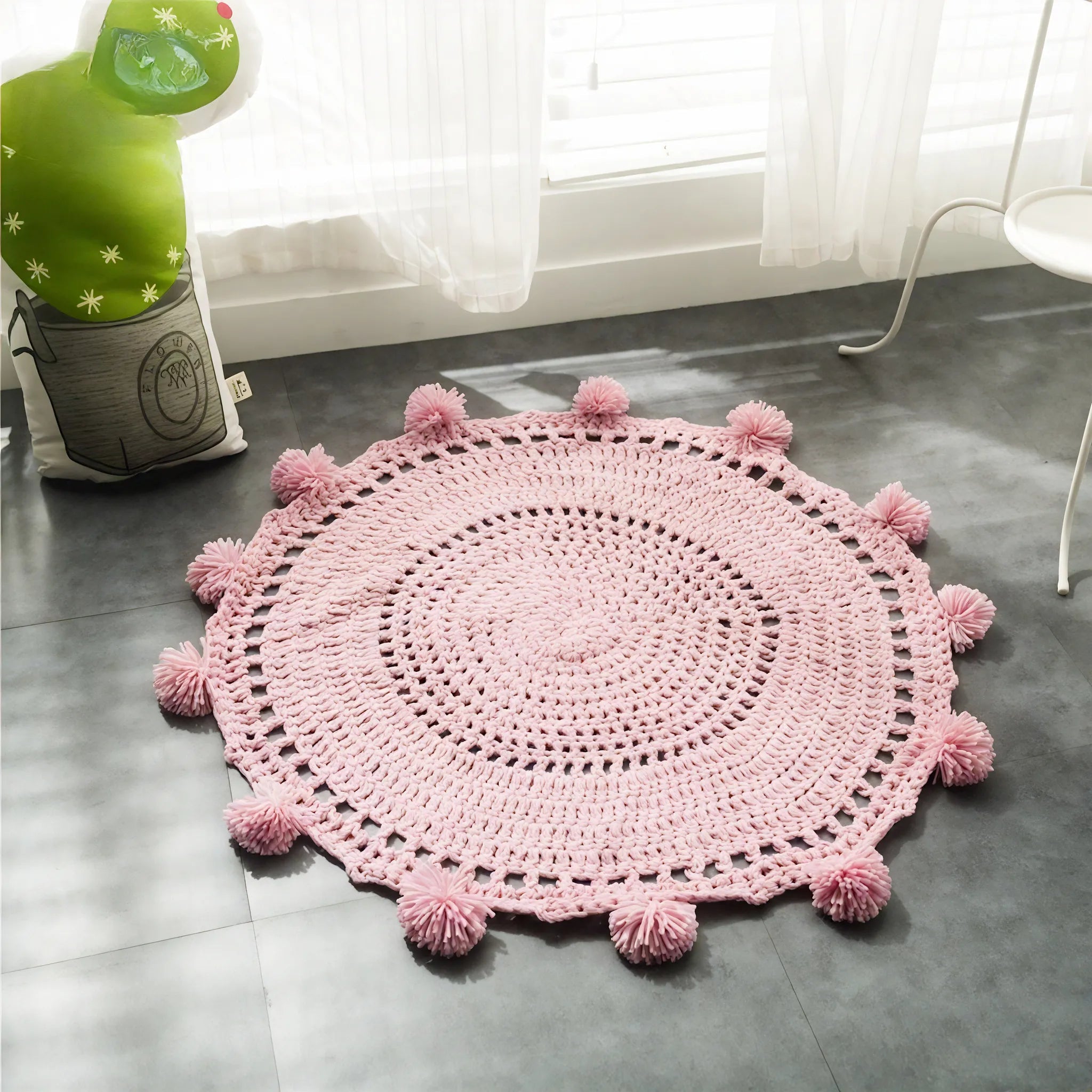 Whimsy Round Pom Pom Rug Aescraft Pink