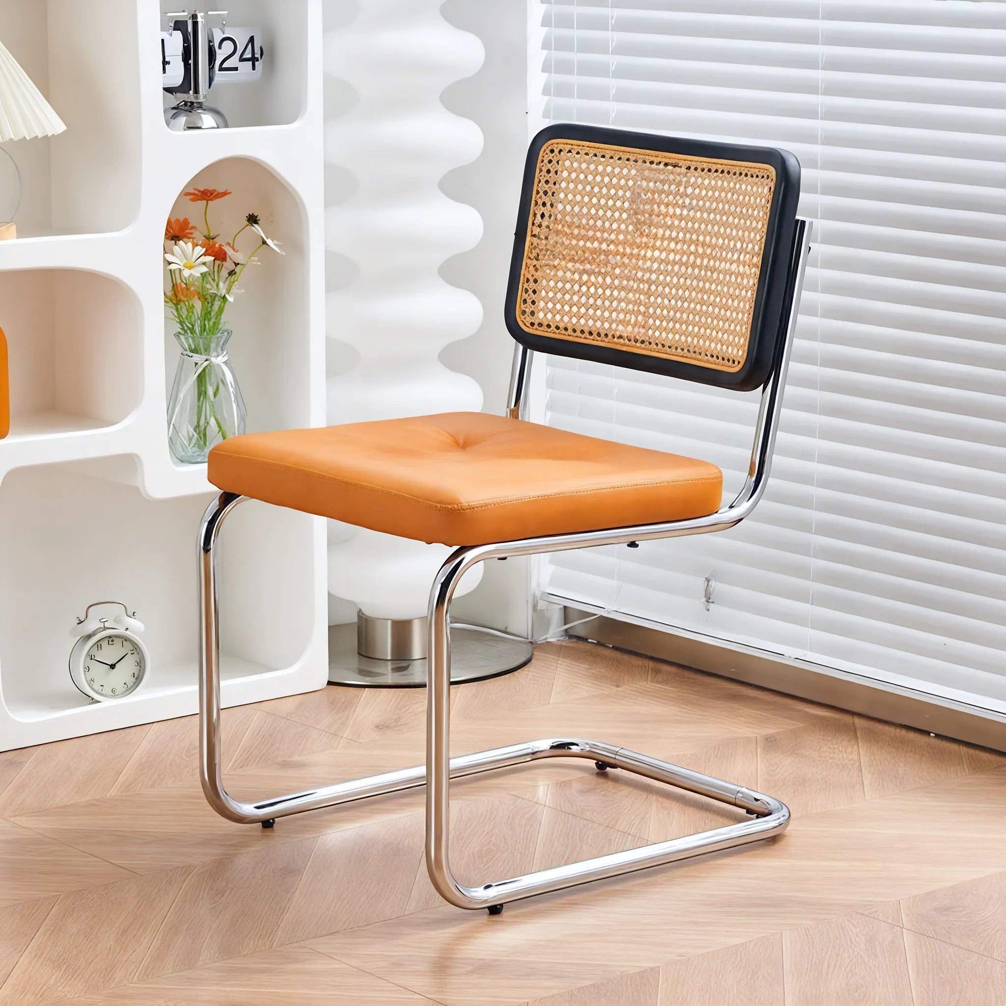 Vintage Nordic Rattan Dining Chair  Aescraft Black Back Rest+Orange Cushion  